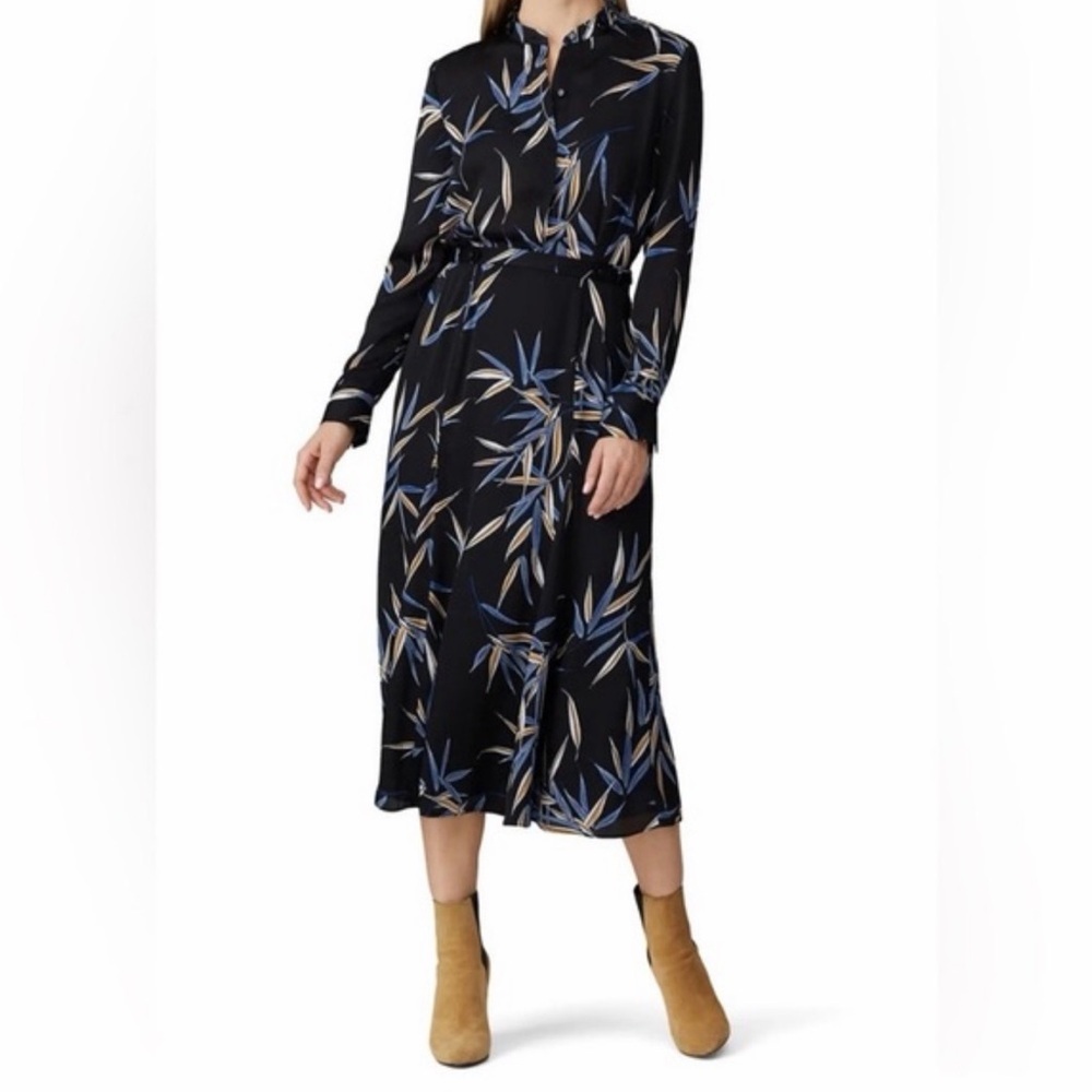 Equipment Sabenne Black Blue Floral Leaf Print Long Sleeve Midi Dress Size 2
